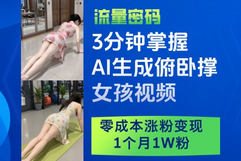 3分钟掌握AI生成俯卧撑女孩视频，零成本涨粉变现，1个月1W粉-兔子副业网