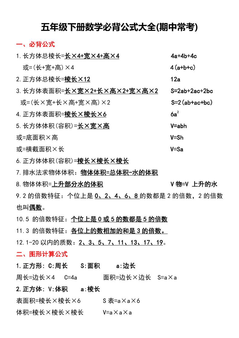 五年级下册数学必背公式大全(期中常考)-兔子副业网