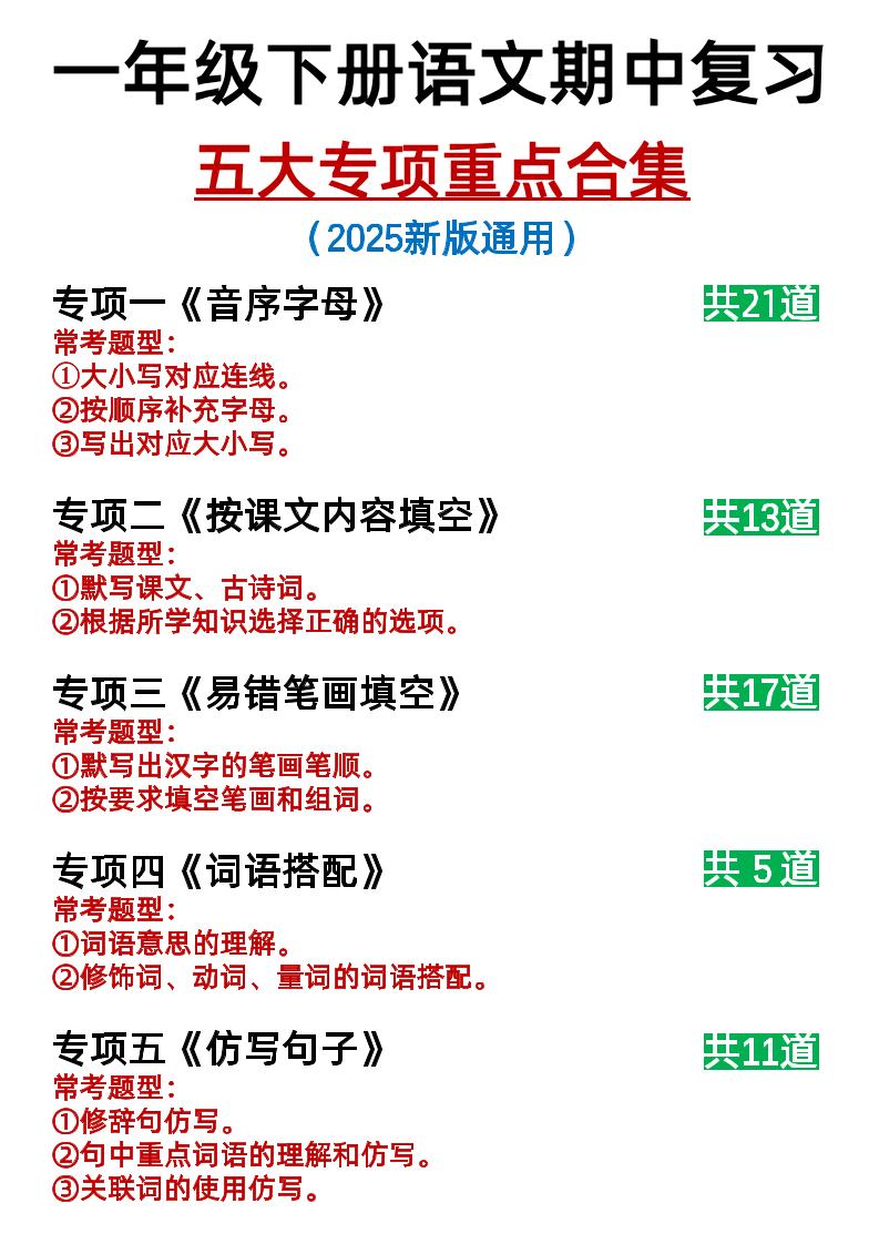 25新一下语文期中复习五大专项重点合集14页-兔子副业网