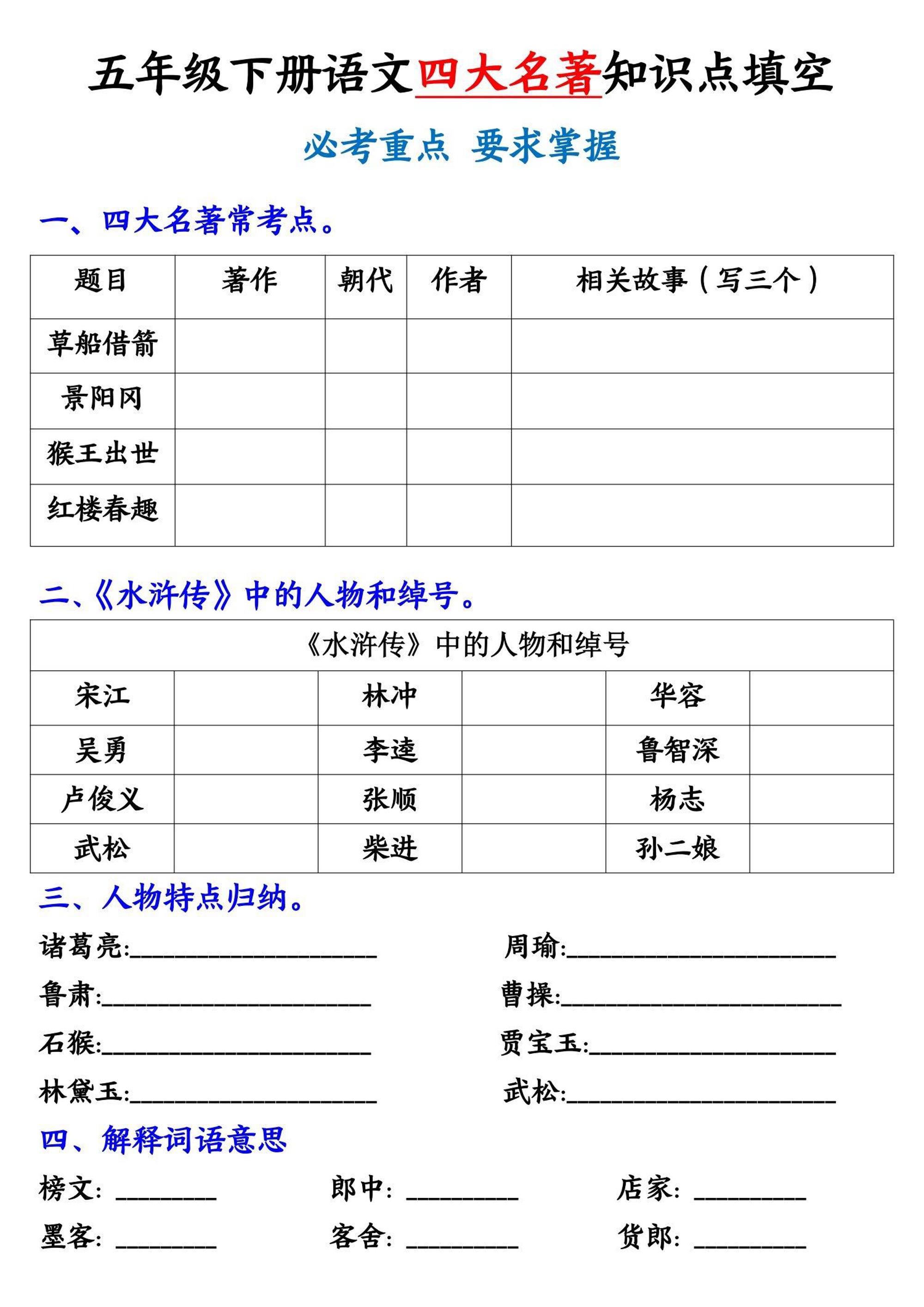 【《四大名著》知识点填空】五下语文-兔子副业网