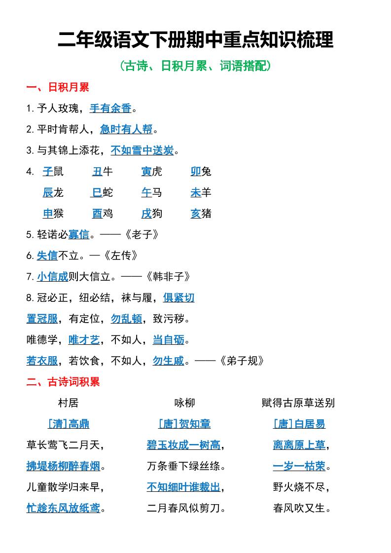 二年级语文下册期中重点知识梳理6页-兔子副业网