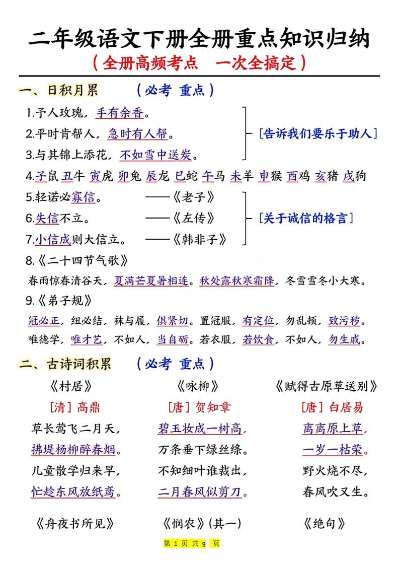二下语文期末考试全册高频考点-兔子副业网