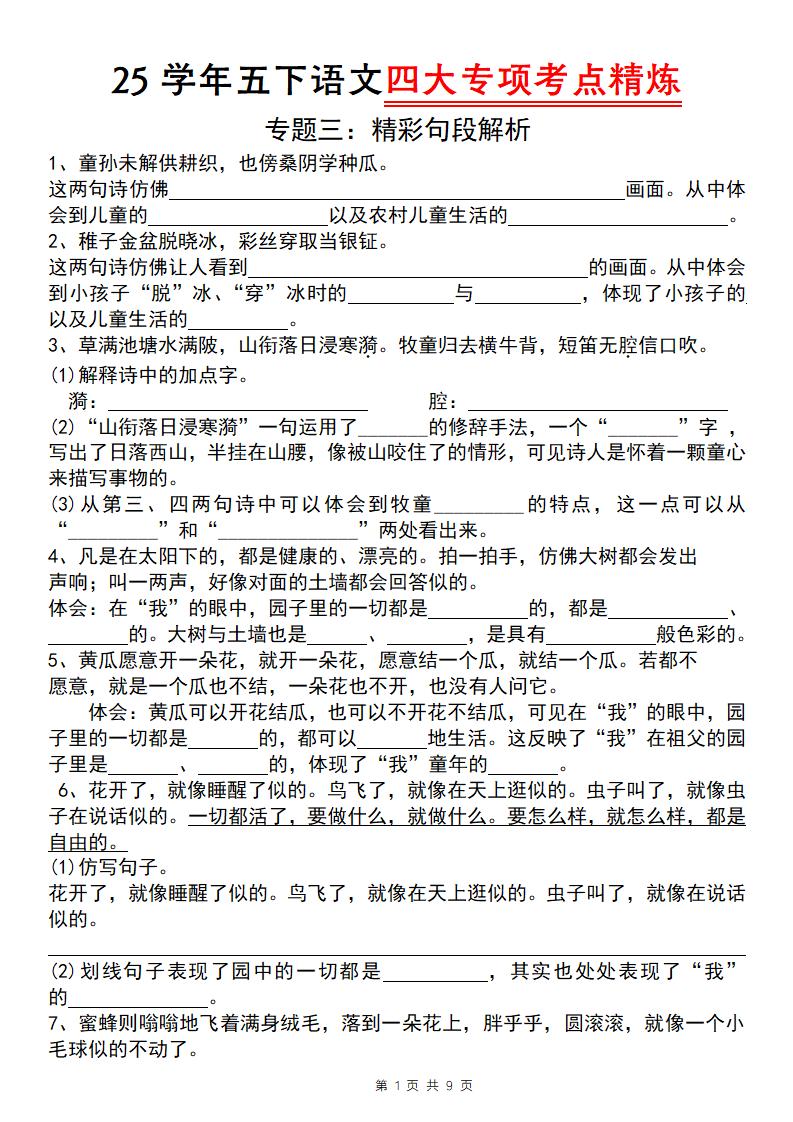 25学年五下语文四大专项考点精炼（专题三：精彩句段解析）-兔子副业网