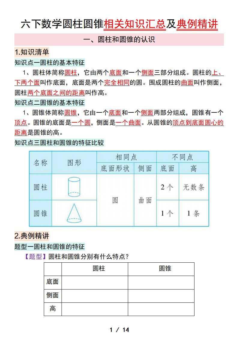 六下数学圆柱圆锥相关知识汇总及典例精讲-兔子副业网
