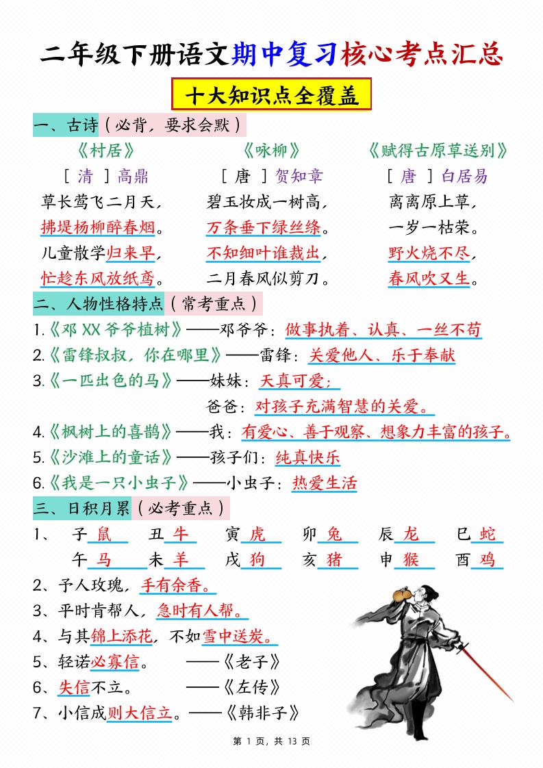 二下语文期中复习核心考点汇总（10大知识点）13页-兔子副业网