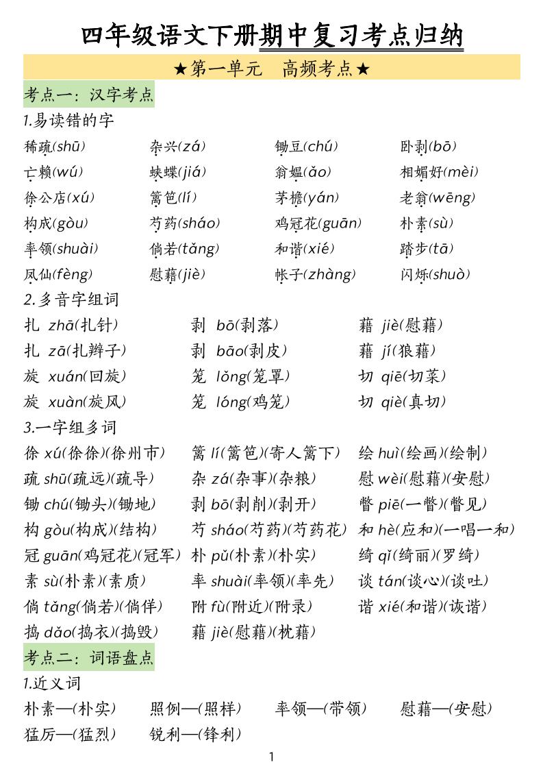 四下语文期中常考知识点汇总(4)-兔子副业网