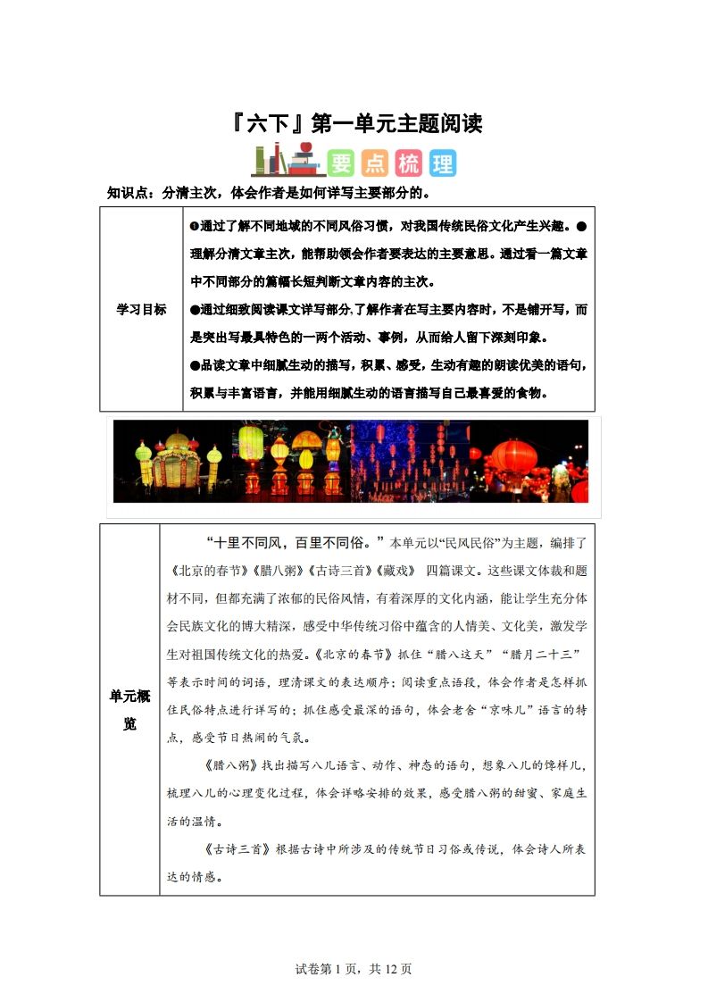 【主题阅读】统编版语文六年级下册第一单元“民风民俗”（主题阅读）-兔子副业网