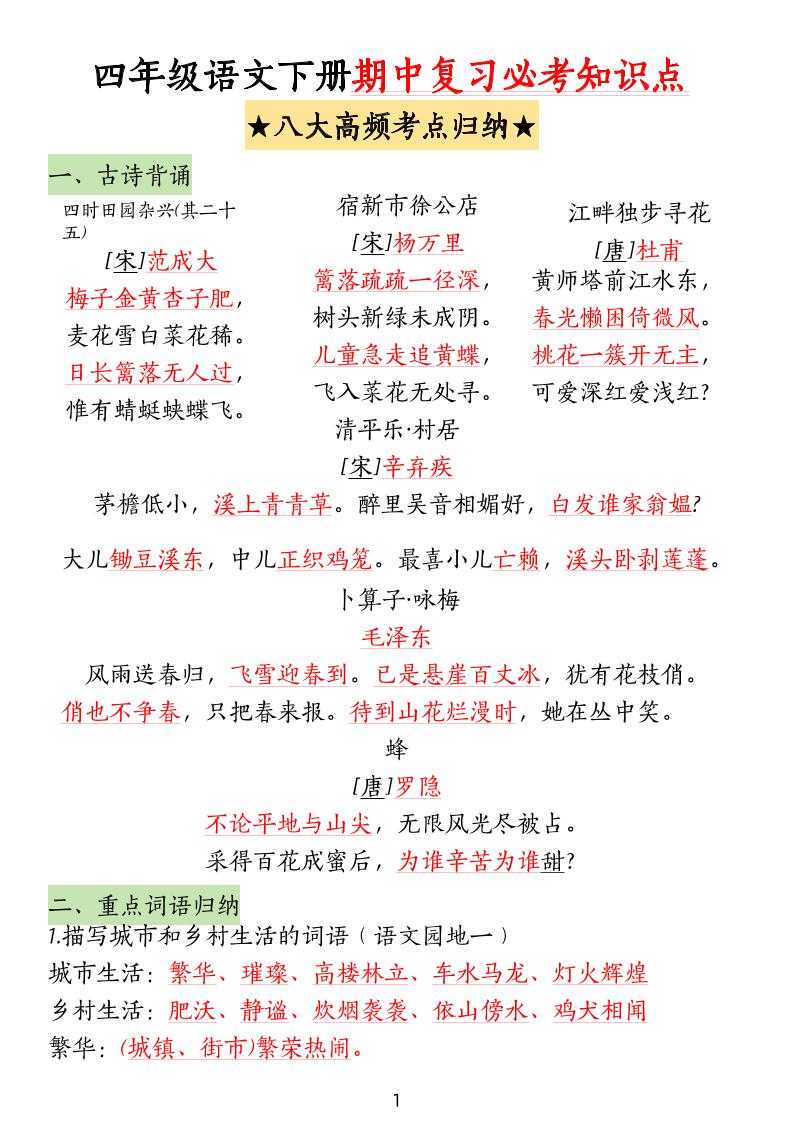 四下语文期中复习-八大高频考点归纳(4)-兔子副业网