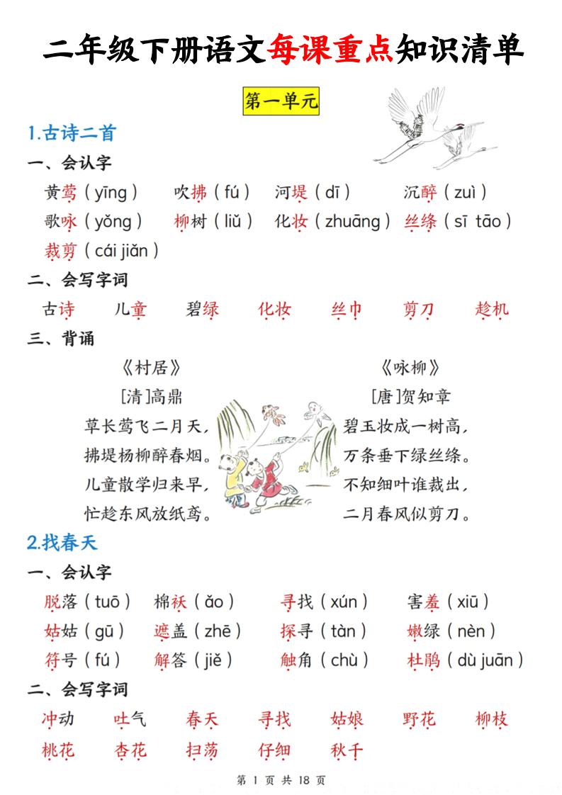 二下语文每课重点知识清单（18页）(4)-兔子副业网
