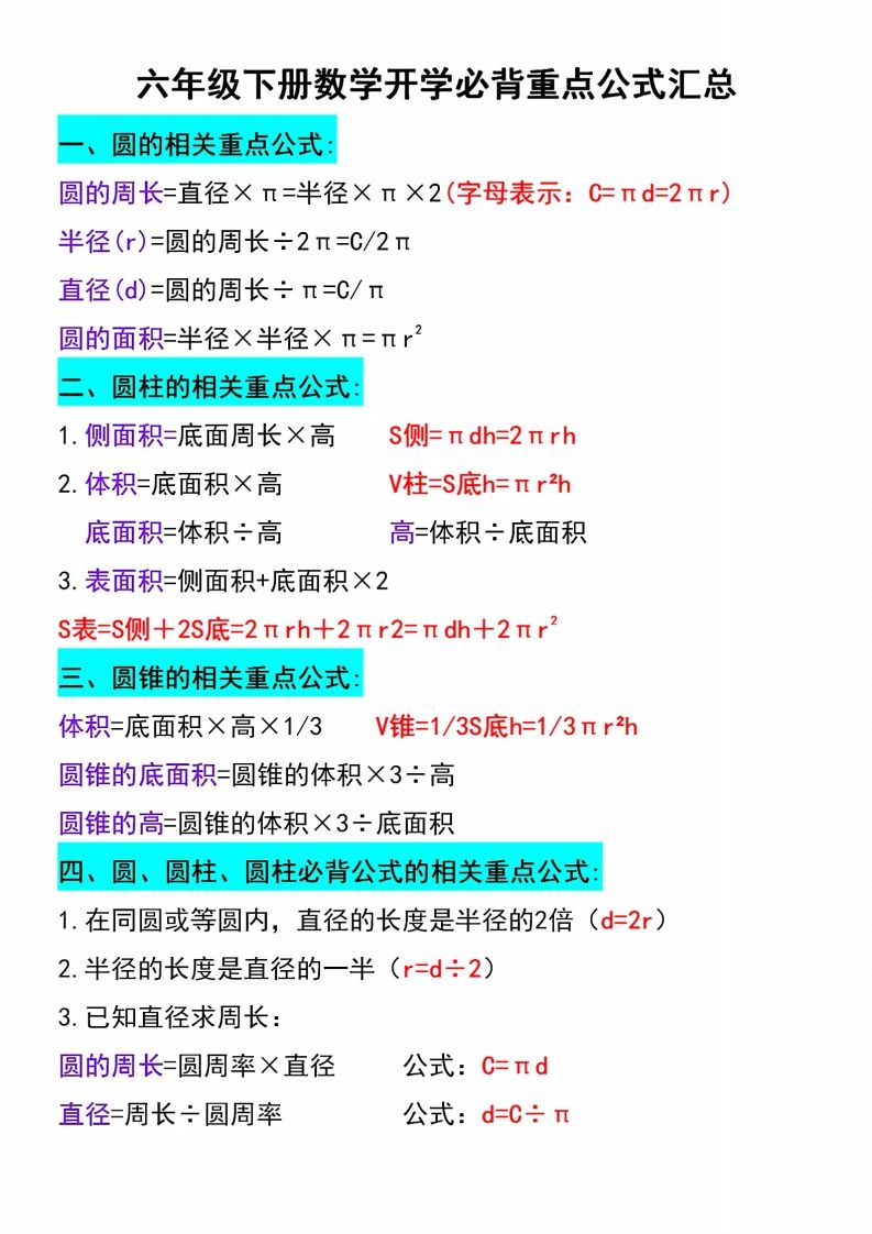 六下数学必背重点公式汇总-兔子副业网