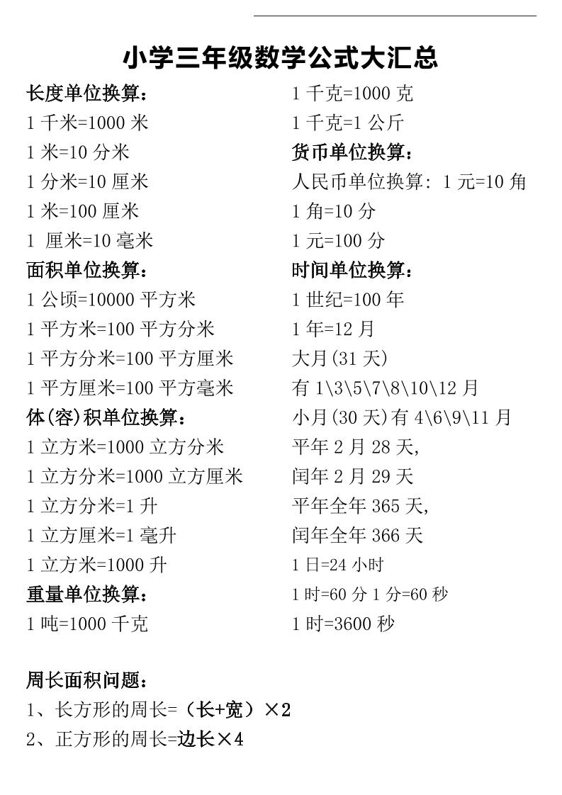 三年级下册数学公式大汇总-兔子副业网