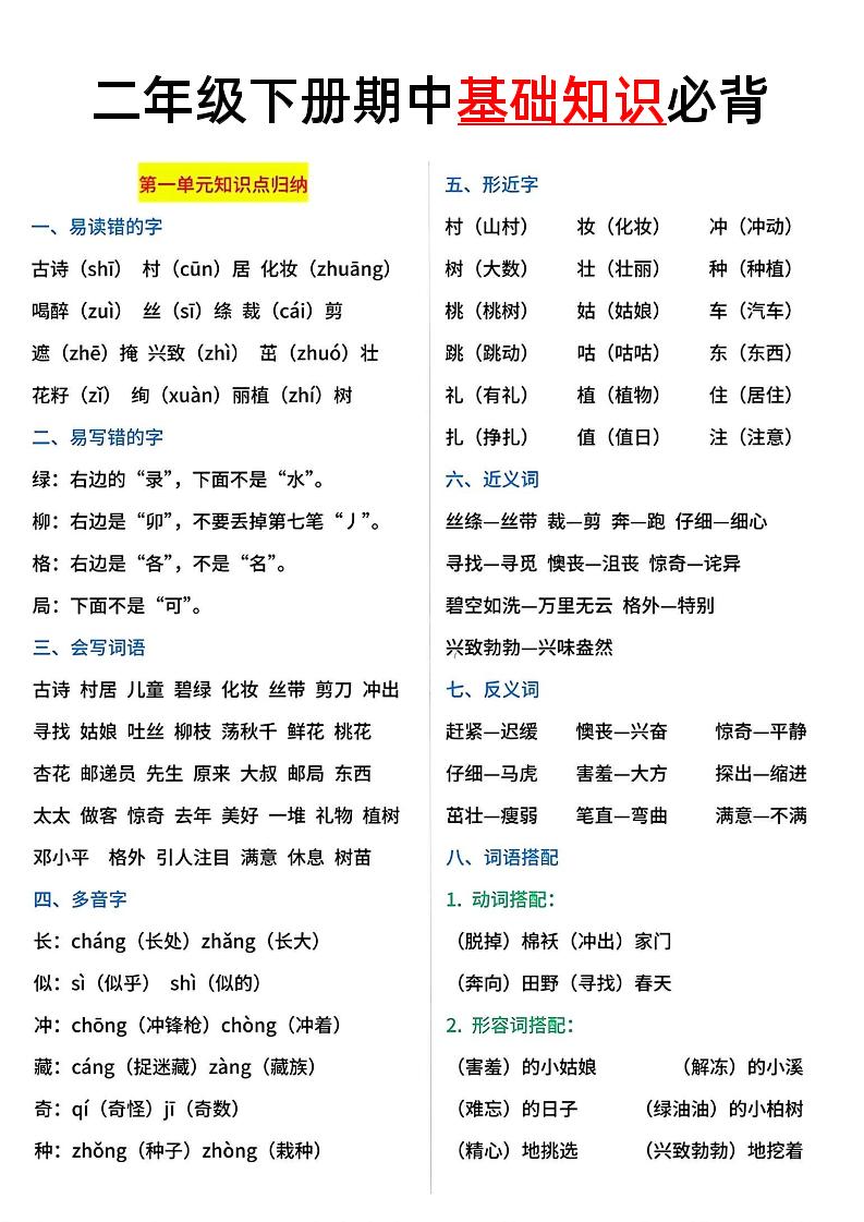 二年级语文下册期中基础知识必背5页-兔子副业网